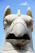 Griffin-headed beasts that stand guard over the Persepolis ruins. Iran.