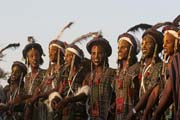 Men from nomadic Wodaab� tribe (also called Bororo) are performing their beauty dance called Yaake at their Gerewol festival. Niger.