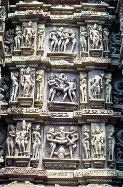 Erotic decoration of Khajuraho temples. India.