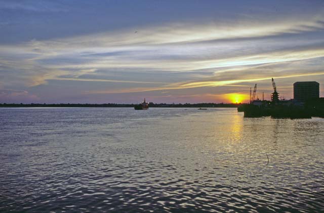 Sunset over Rejang river at Sibu town. Sarawak,  Malaysia.