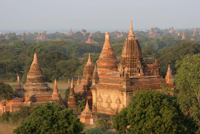 The Temples of Bagan cover an area of 16 square miles. The majority of its buildings were built in the 1000s to 1200s, during the time Bagan was the capital of the First Burmese Empire. Myanmar (Burma).