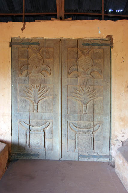 Decorated doors at palace of Dahomey kings at Abomey town. Benin.