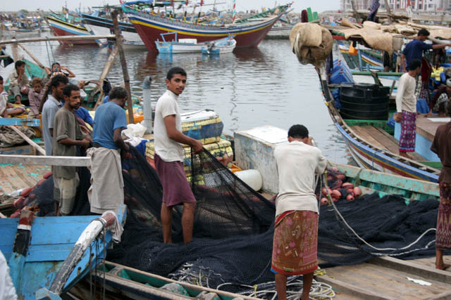 Preparing for sail - net packing. Fish harbor at the edge of Al-Hudayda town. Yemen.