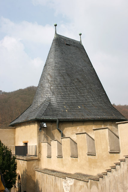 Karlstejn Castle. Gothic castle founded in 1348 by Charles IV. The castle served as a place for safekeeping of royal treasures, the Empire coronation jewels and holy relics. Czech Republic.