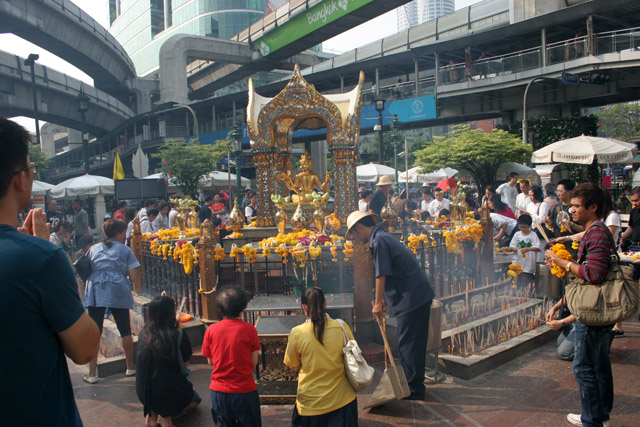 Erawan Shrine (San Phra Phrom) is situated in the middle of modern buildings, Bangkok. Thailand.