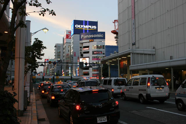Street at downtown at Hiroshima during sunset. Japan.