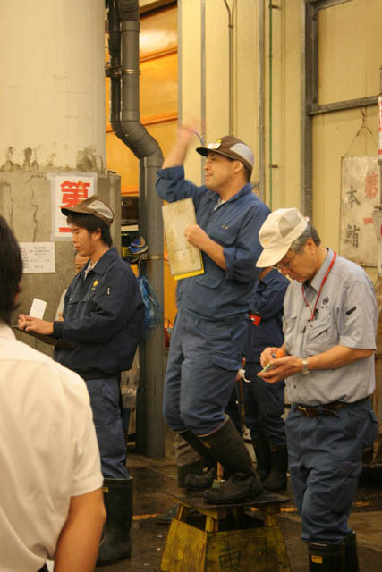 Morning tuna auction - auction is at action. Man is calling prices. Tsukiji fish market, Tokyo. Japan.